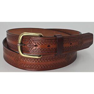 Vintage Tooled Genuine Leather Belt Brown Snaps for Buckle USA Made Men's 46